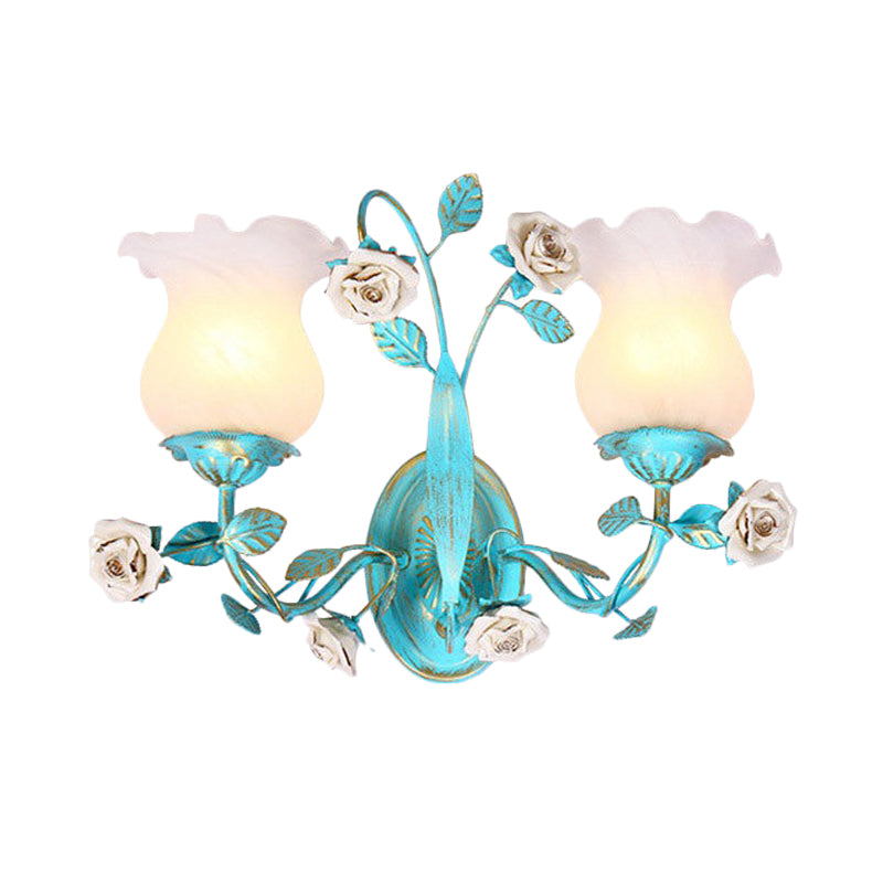 Blue Blossom Wall Sconce Light Fixture Korean Garden White Glass 1/2-Light Bedroom Wall Lamp Clearhalo 'Wall Lamps & Sconces' 'Wall Lights' Lighting' 729785