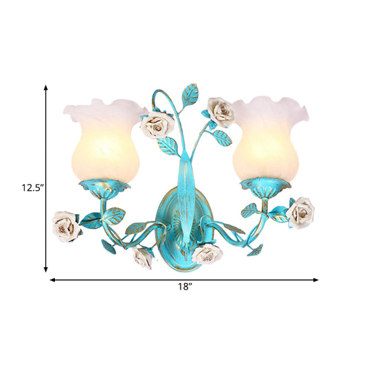 Blue Blossom Wall Sconce Light Fixture Korean Garden White Glass 1/2-Light Bedroom Wall Lamp Clearhalo 'Wall Lamps & Sconces' 'Wall Lights' Lighting' 729786