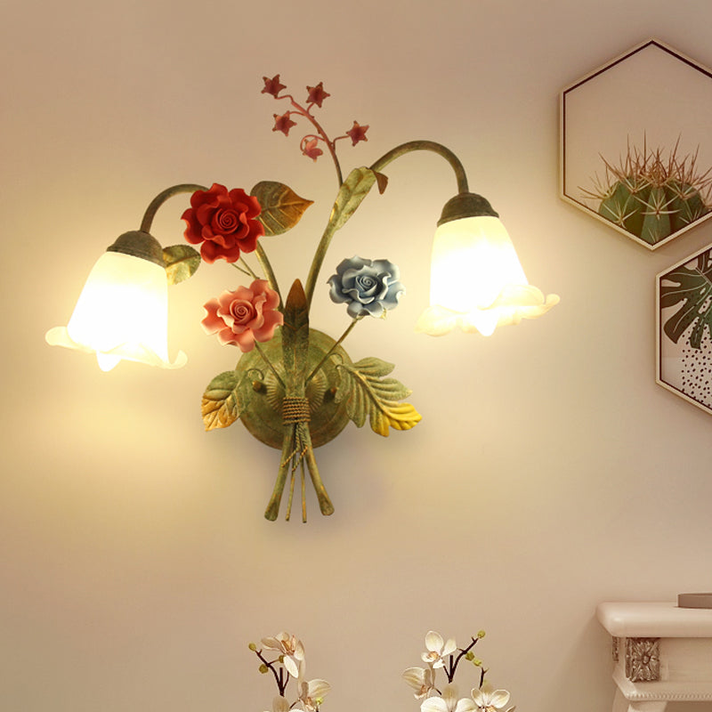 Cream Glass Green Wall Light Flower 1/2-Bulb Korean Garden Wall Lamp Sconce with Curving Arm Green C Clearhalo 'Wall Lamps & Sconces' 'Wall Lights' Lighting' 729787