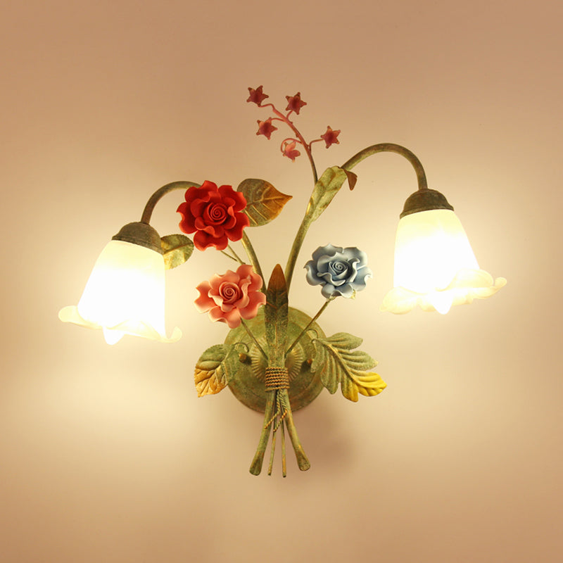 Cream Glass Green Wall Light Flower 1/2-Bulb Korean Garden Wall Lamp Sconce with Curving Arm Clearhalo 'Wall Lamps & Sconces' 'Wall Lights' Lighting' 729789