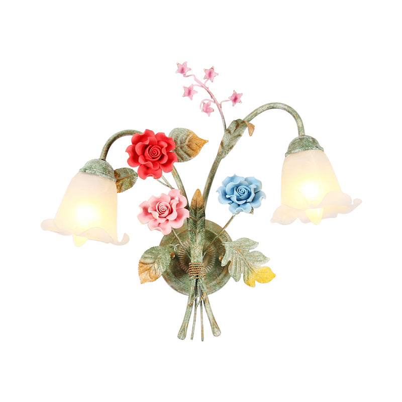 Cream Glass Green Wall Light Flower 1/2-Bulb Korean Garden Wall Lamp Sconce with Curving Arm Clearhalo 'Wall Lamps & Sconces' 'Wall Lights' Lighting' 729790