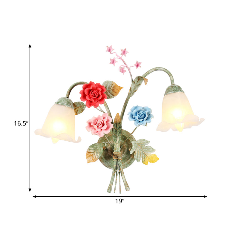 Cream Glass Green Wall Light Flower 1/2-Bulb Korean Garden Wall Lamp Sconce with Curving Arm Clearhalo 'Wall Lamps & Sconces' 'Wall Lights' Lighting' 729791