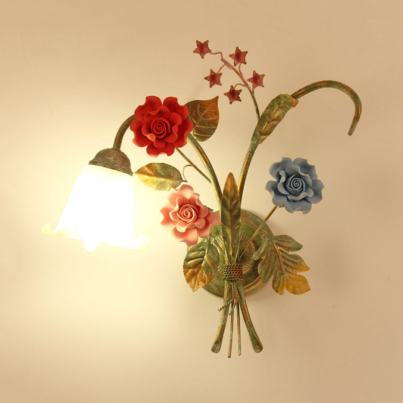 Cream Glass Green Wall Light Flower 1/2-Bulb Korean Garden Wall Lamp Sconce with Curving Arm Clearhalo 'Wall Lamps & Sconces' 'Wall Lights' Lighting' 729794