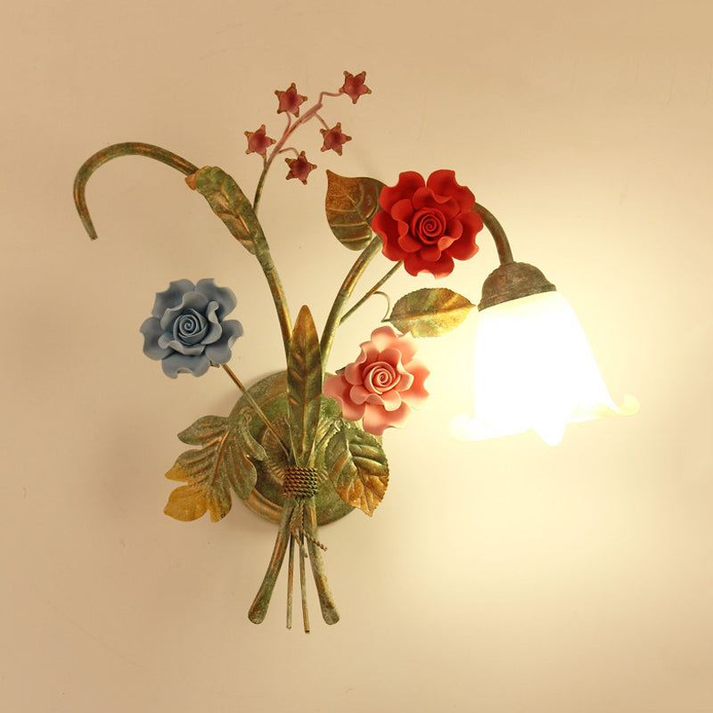 Cream Glass Green Wall Light Flower 1/2-Bulb Korean Garden Wall Lamp Sconce with Curving Arm Clearhalo 'Wall Lamps & Sconces' 'Wall Lights' Lighting' 729799