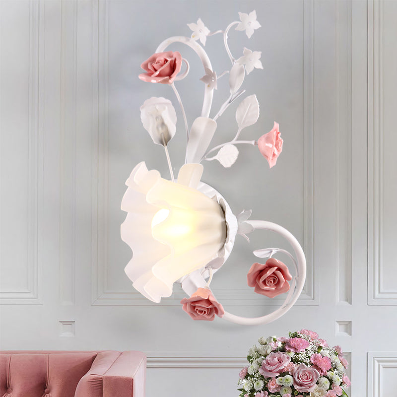 Countryside Scalloped Wall Lighting 1 Bulb White Glass Wall Mounted Lamp with Pink Rose for Bedroom, Left/Right White Left Clearhalo 'Wall Lamps & Sconces' 'Wall Lights' Lighting' 729802