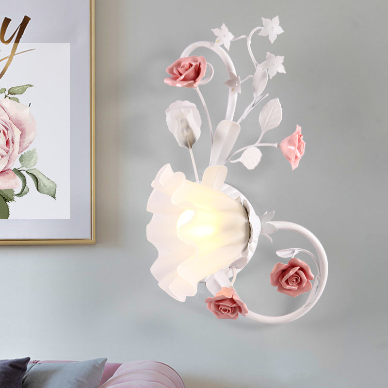 Countryside Scalloped Wall Lighting 1 Bulb White Glass Wall Mounted Lamp with Pink Rose for Bedroom, Left/Right Clearhalo 'Wall Lamps & Sconces' 'Wall Lights' Lighting' 729803