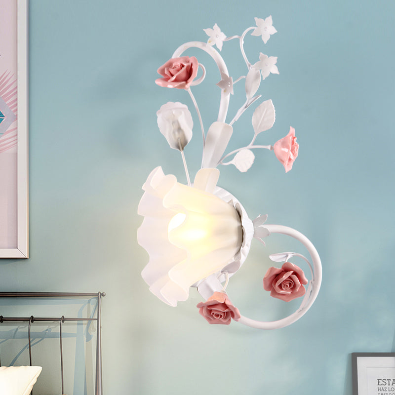 Countryside Scalloped Wall Lighting 1 Bulb White Glass Wall Mounted Lamp with Pink Rose for Bedroom, Left/Right Clearhalo 'Wall Lamps & Sconces' 'Wall Lights' Lighting' 729804