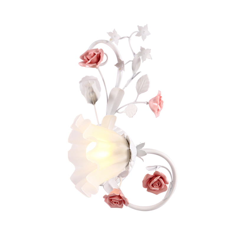 Countryside Scalloped Wall Lighting 1 Bulb White Glass Wall Mounted Lamp with Pink Rose for Bedroom, Left/Right Clearhalo 'Wall Lamps & Sconces' 'Wall Lights' Lighting' 729805