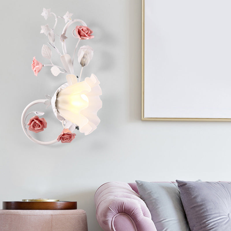 Countryside Scalloped Wall Lighting 1 Bulb White Glass Wall Mounted Lamp with Pink Rose for Bedroom, Left/Right Clearhalo 'Wall Lamps & Sconces' 'Wall Lights' Lighting' 729809