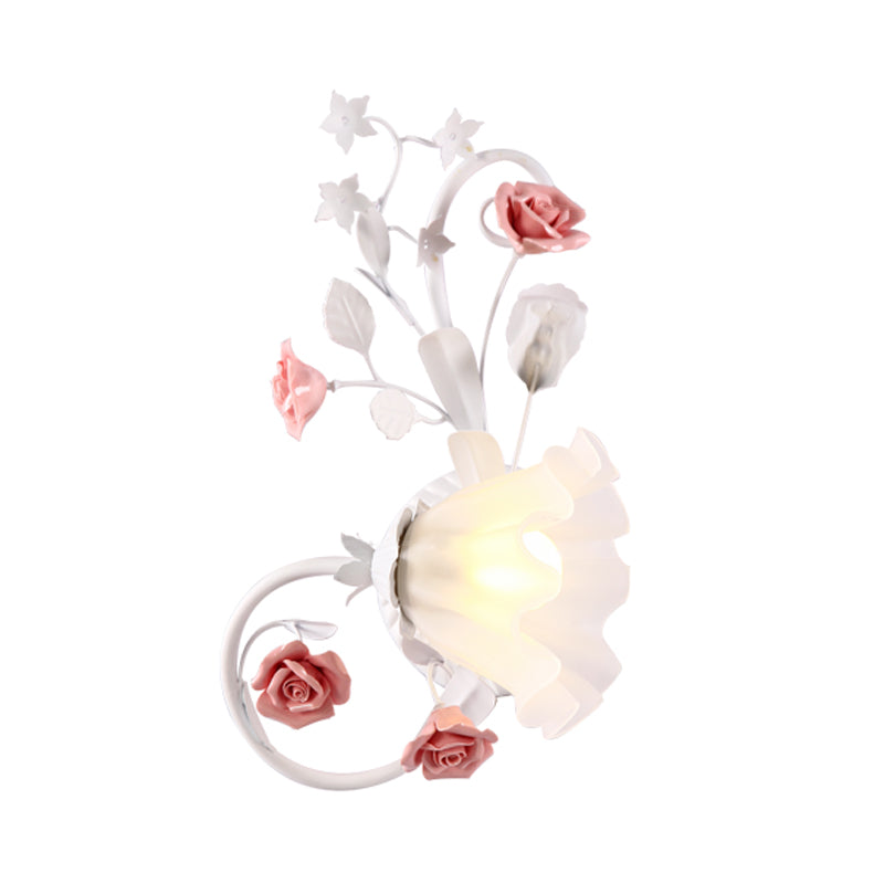 Countryside Scalloped Wall Lighting 1 Bulb White Glass Wall Mounted Lamp with Pink Rose for Bedroom, Left/Right Clearhalo 'Wall Lamps & Sconces' 'Wall Lights' Lighting' 729810