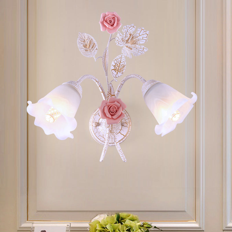 1/2-Light Wall Light Sconce Pastoral Floral White Glass Wall Mount Lamp with Metal Curved Arm for Living Room 2.0 White Clearhalo 'Wall Lamps & Sconces' 'Wall Lights' Lighting' 729812