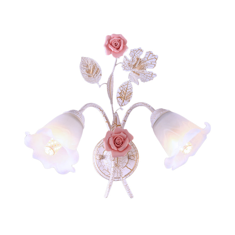 1/2-Light Wall Light Sconce Pastoral Floral White Glass Wall Mount Lamp with Metal Curved Arm for Living Room Clearhalo 'Wall Lamps & Sconces' 'Wall Lights' Lighting' 729815