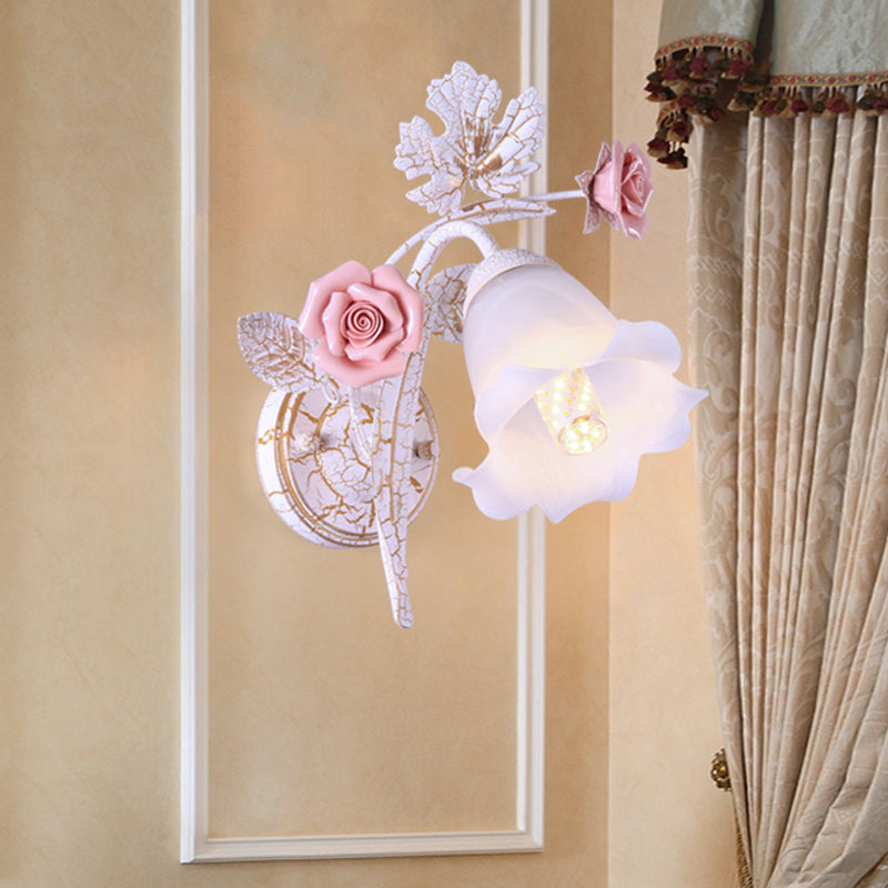 1/2-Light Wall Light Sconce Pastoral Floral White Glass Wall Mount Lamp with Metal Curved Arm for Living Room 1.0 White Clearhalo 'Wall Lamps & Sconces' 'Wall Lights' Lighting' 729817