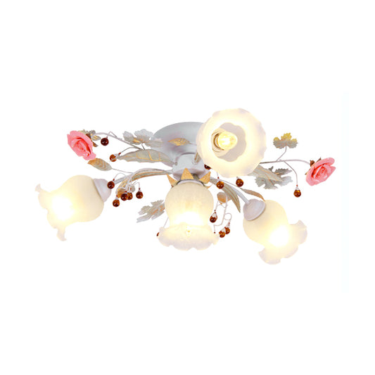 Korean Garden Bloom Semi Flush 4/6/9 Bulbs White Glass Flush Mount Light Fixture for Dining Room Clearhalo 'Ceiling Lights' 'Close To Ceiling Lights' 'Close to ceiling' 'Semi-flushmount' Lighting' 729835