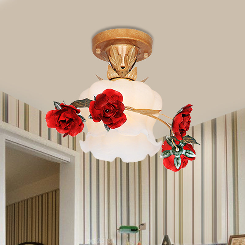 1 Light Bloom Semi Flush Mount Pastoral Style Brown Milky Glass Close to Ceiling Lighting Fixture Clearhalo 'Ceiling Lights' 'Close To Ceiling Lights' 'Close to ceiling' 'Semi-flushmount' Lighting' 729848