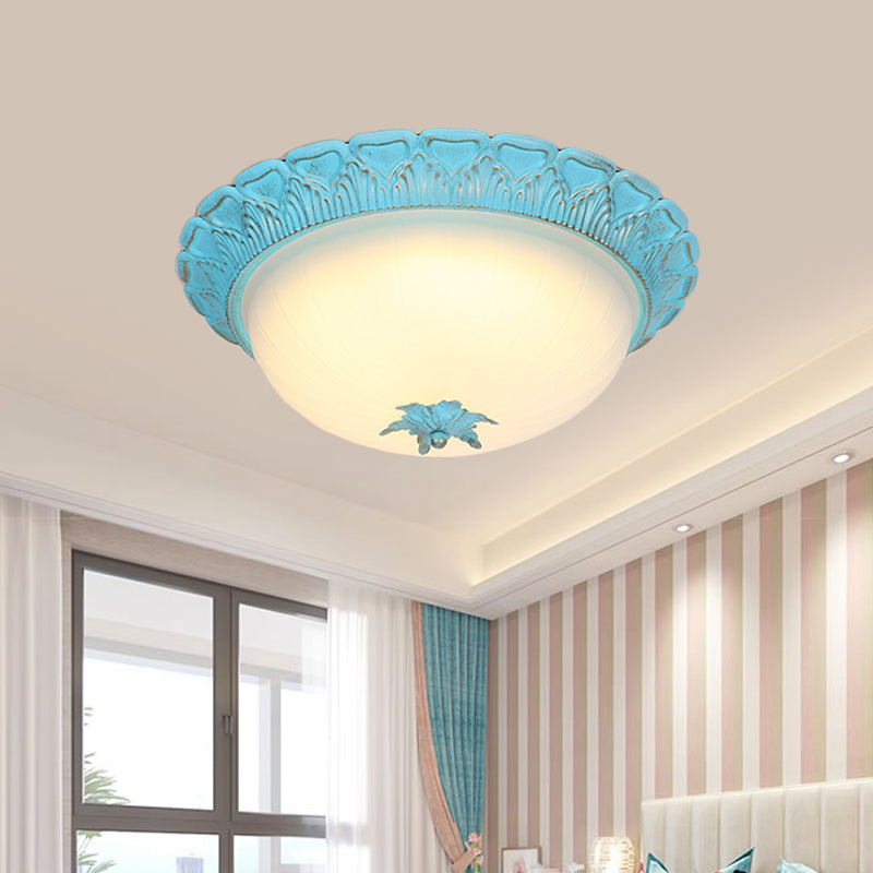 Domed Bedroom Flush Mount Lamp Romantic Pastoral Milky Glass 16"/19.5" Wide LED Blue Ceiling Lighting Clearhalo 'Ceiling Lights' 'Close To Ceiling Lights' 'Close to ceiling' 'Flush mount' Lighting' 729854