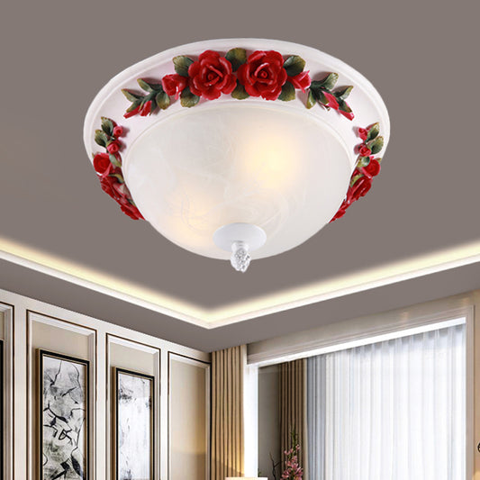 12"/16" W Red LED Ceiling Lamp Korean Garden White Glass Domed Flush Mount Lighting with Flower Design Clearhalo 'Ceiling Lights' 'Close To Ceiling Lights' 'Close to ceiling' 'Flush mount' Lighting' 729883