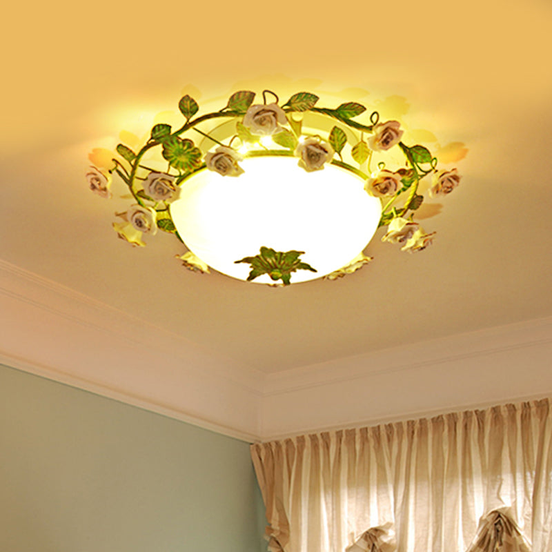 White Glass Bowl Ceiling Lighting Korean Flower LED Bedroom Semi Flush Mount Light Fixture, 16"/19.5" Wide Clearhalo 'Ceiling Lights' 'Close To Ceiling Lights' 'Close to ceiling' 'Semi-flushmount' Lighting' 729888