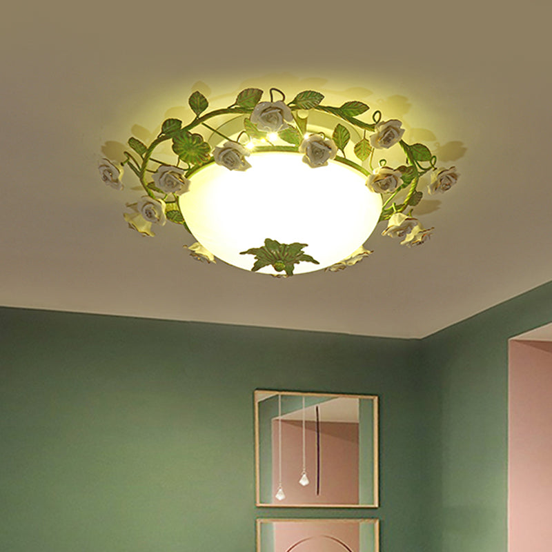 White Glass Bowl Ceiling Lighting Korean Flower LED Bedroom Semi Flush Mount Light Fixture, 16"/19.5" Wide Clearhalo 'Ceiling Lights' 'Close To Ceiling Lights' 'Close to ceiling' 'Semi-flushmount' Lighting' 729889