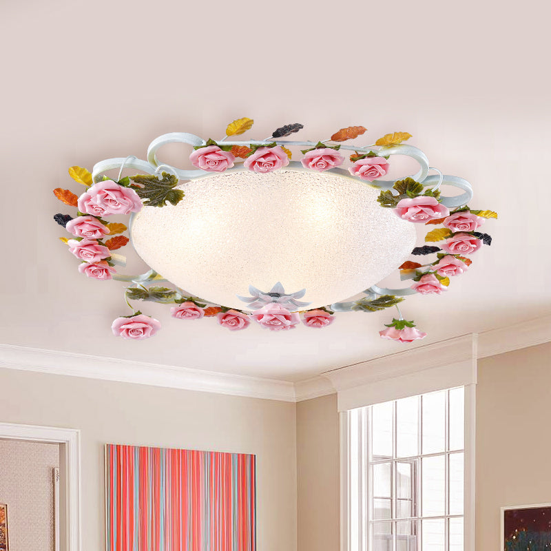 Korean Garden Domed Ceiling Fixture White Glass 23.5"/27.5" Width LED Flush Mount Light with Pink Rose White Clearhalo 'Ceiling Lights' 'Close To Ceiling Lights' 'Close to ceiling' 'Flush mount' Lighting' 729897