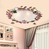 Korean Garden Domed Ceiling Fixture White Glass 23.5"/27.5" Width LED Flush Mount Light with Pink Rose Clearhalo 'Ceiling Lights' 'Close To Ceiling Lights' 'Close to ceiling' 'Flush mount' Lighting' 729898