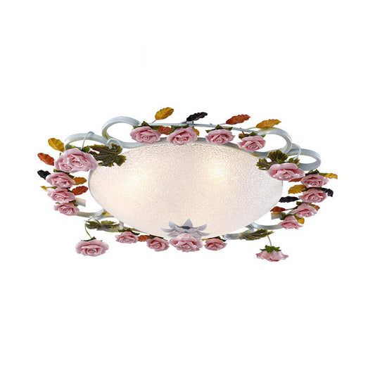 Korean Garden Domed Ceiling Fixture White Glass 23.5"/27.5" Width LED Flush Mount Light with Pink Rose Clearhalo 'Ceiling Lights' 'Close To Ceiling Lights' 'Close to ceiling' 'Flush mount' Lighting' 729899