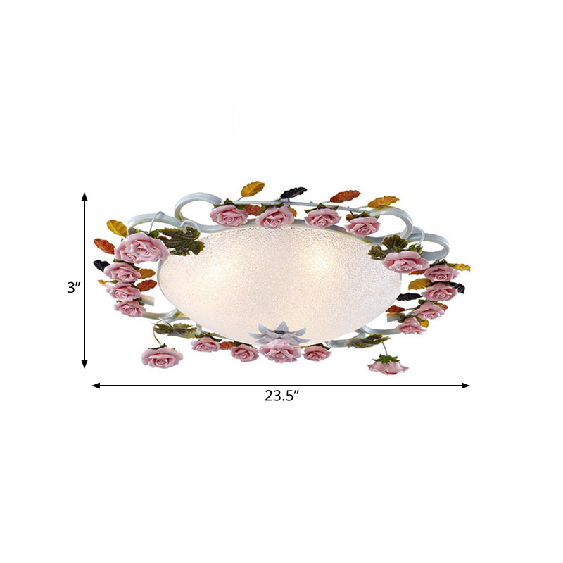 Korean Garden Domed Ceiling Fixture White Glass 23.5"/27.5" Width LED Flush Mount Light with Pink Rose Clearhalo 'Ceiling Lights' 'Close To Ceiling Lights' 'Close to ceiling' 'Flush mount' Lighting' 729901