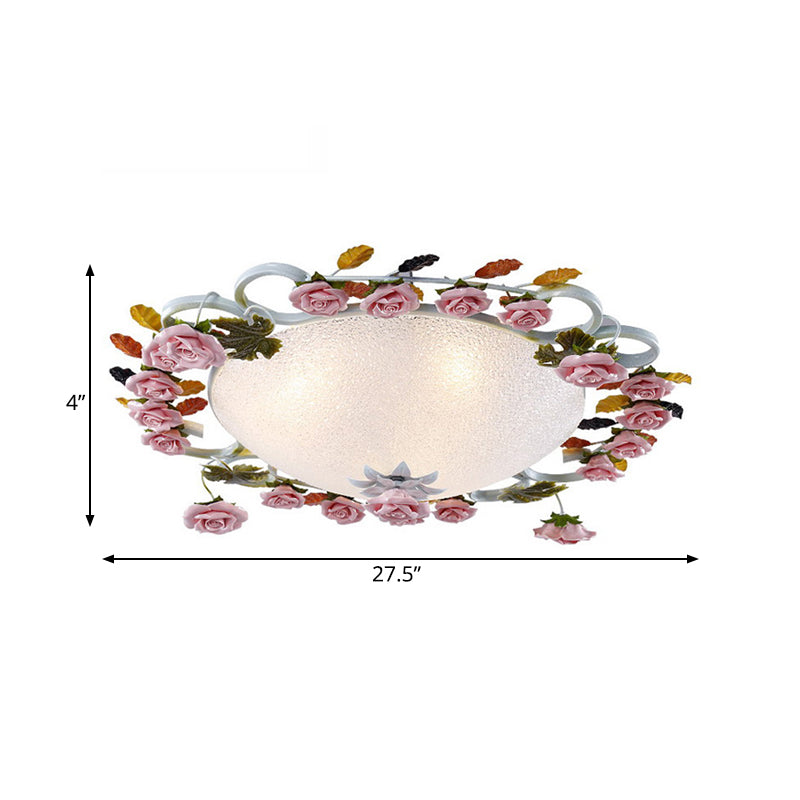 Korean Garden Domed Ceiling Fixture White Glass 23.5"/27.5" Width LED Flush Mount Light with Pink Rose Clearhalo 'Ceiling Lights' 'Close To Ceiling Lights' 'Close to ceiling' 'Flush mount' Lighting' 729902