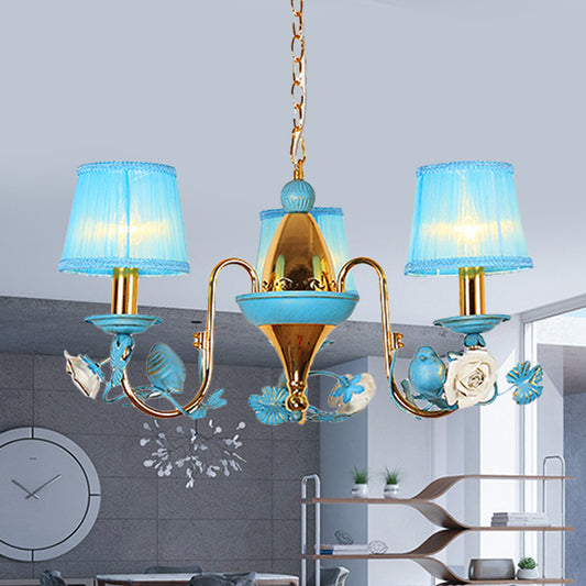3-Light Metal Ceiling Chandelier Korean Flower Blue Gooseneck Arm Dining Room Pendant with Fabric Shade Clearhalo 'Ceiling Lights' 'Chandeliers' Lighting' options 729903