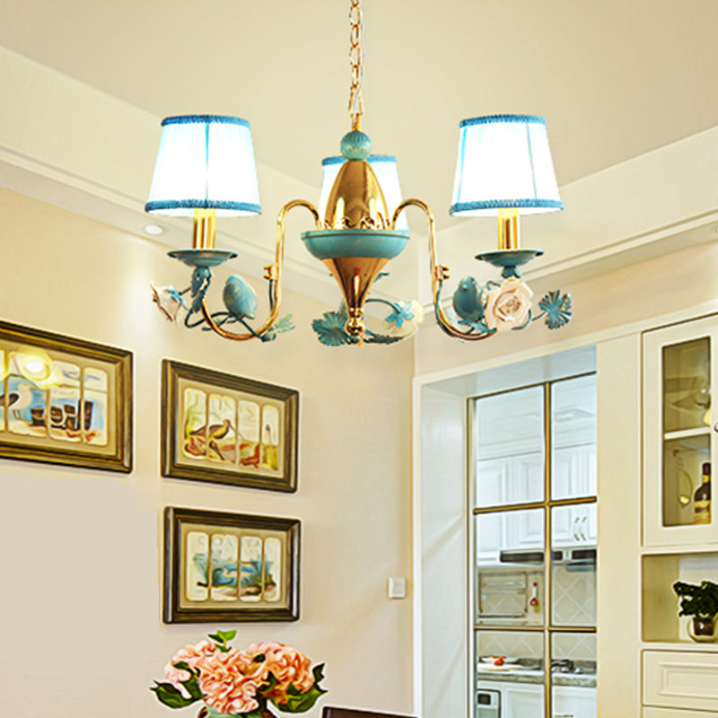3-Light Metal Ceiling Chandelier Korean Flower Blue Gooseneck Arm Dining Room Pendant with Fabric Shade Clearhalo 'Ceiling Lights' 'Chandeliers' Lighting' options 729904