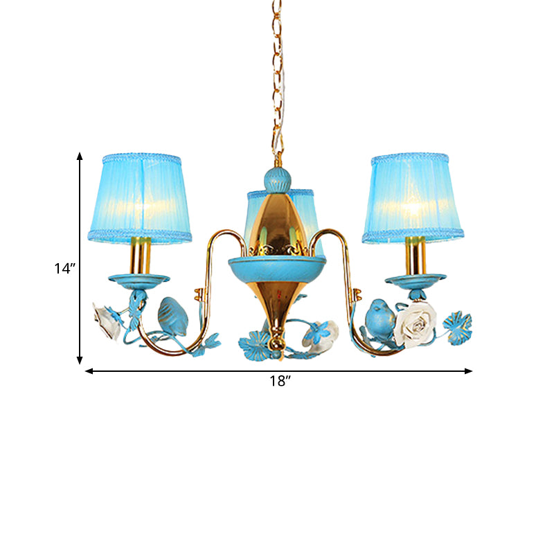 3-Light Metal Ceiling Chandelier Korean Flower Blue Gooseneck Arm Dining Room Pendant with Fabric Shade Clearhalo 'Ceiling Lights' 'Chandeliers' Lighting' options 729907