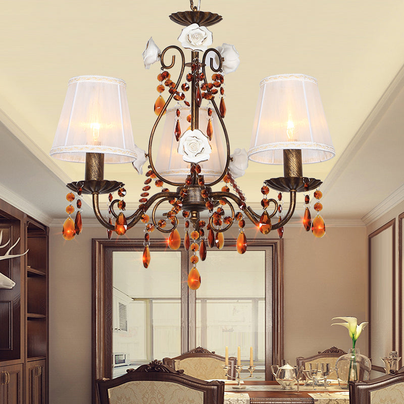 Antique Brass Tapered Hanging Chandelier Pastoral Fabric 3 Bulbs Dining Room Pendant with Crystal Decor Antique Brass Clearhalo 'Ceiling Lights' 'Chandeliers' Lighting' options 729908_ed3e7558-067b-4dca-9094-973d49c73fe1