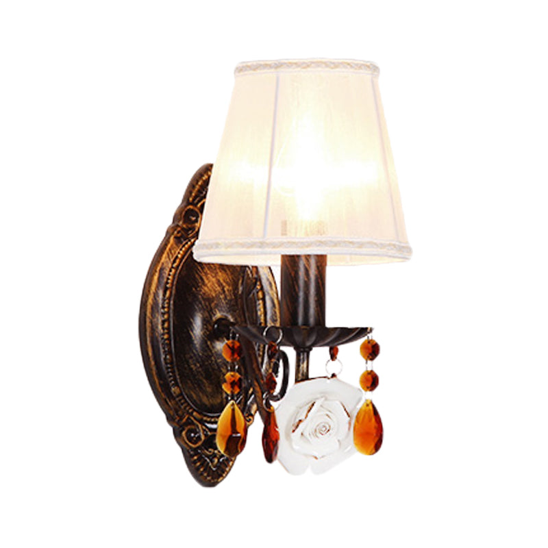 Fabric Antique Brass Sconce Lamp Tapered 1 Head Pastoral Style Wall Mounted Light with Coffee Crystal Clearhalo 'Wall Lamps & Sconces' 'Wall Lights' Lighting' 729916