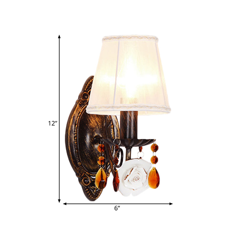 Fabric Antique Brass Sconce Lamp Tapered 1 Head Pastoral Style Wall Mounted Light with Coffee Crystal Clearhalo 'Wall Lamps & Sconces' 'Wall Lights' Lighting' 729917