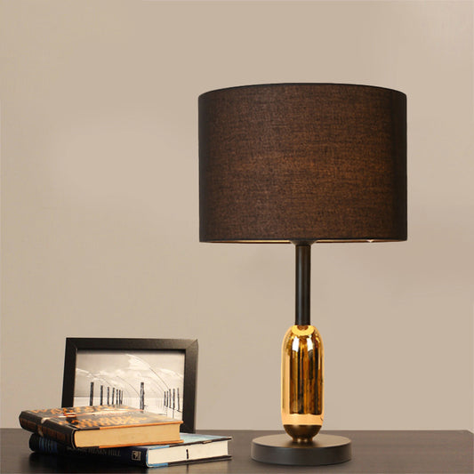 Black Drum Nightstand Light Modernist 1 Light Fabric Plug In Desk Lamp with Brass Capsule Detail Black Clearhalo 'Lamps' 'Table Lamps' Lighting' 729923