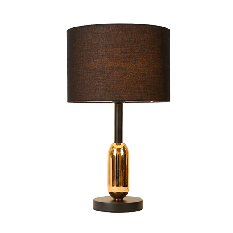 Black Drum Nightstand Light Modernist 1 Light Fabric Plug In Desk Lamp with Brass Capsule Detail Clearhalo 'Lamps' 'Table Lamps' Lighting' 729925