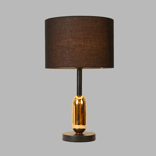 Black Drum Nightstand Light Modernist 1 Light Fabric Plug In Desk Lamp with Brass Capsule Detail Clearhalo 'Lamps' 'Table Lamps' Lighting' 729926