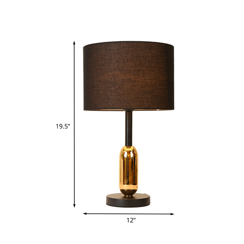 Black Drum Nightstand Light Modernist 1 Light Fabric Plug In Desk Lamp with Brass Capsule Detail Clearhalo 'Lamps' 'Table Lamps' Lighting' 729927