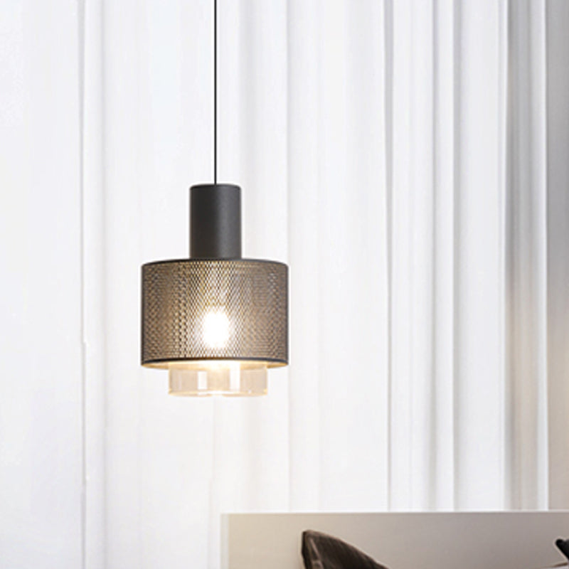 Modern Drum Mesh Pendant Lighting Iron 1 Head Bedside Hanging Ceiling Lamp in Black with Cylinder Clear Glass Shade Clearhalo 'Ceiling Lights' 'Modern Pendants' 'Modern' 'Pendant Lights' 'Pendants' Lighting' 729970