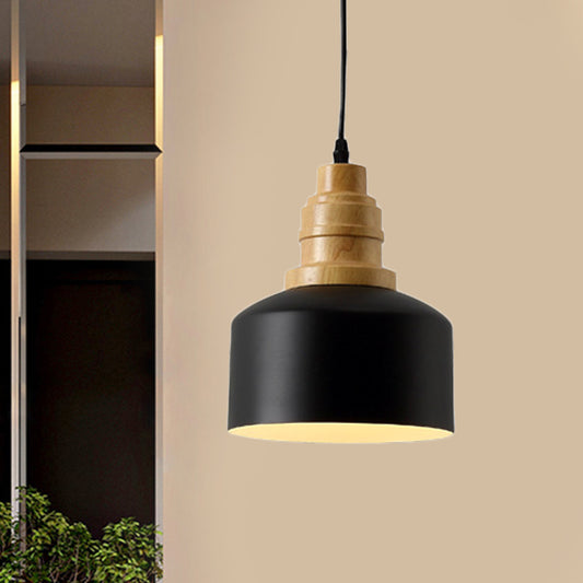 Black Drum Hanging Lighting Modern Nordic 1 Bulb Iron Pendant Ceiling Lamp with Wood Top Black Clearhalo 'Ceiling Lights' 'Modern Pendants' 'Modern' 'Pendant Lights' 'Pendants' Lighting' 729974