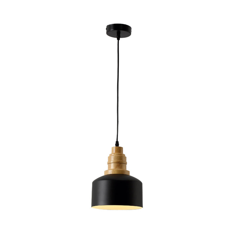 Black Drum Hanging Lighting Modern Nordic 1 Bulb Iron Pendant Ceiling Lamp with Wood Top Clearhalo 'Ceiling Lights' 'Modern Pendants' 'Modern' 'Pendant Lights' 'Pendants' Lighting' 729977