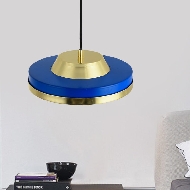 Flying Saucer Pendant Lighting Modernist Metal 1 Head Bedroom LED Ceiling Hang Fixture in Blue and Brass Blue Clearhalo 'Ceiling Lights' 'Modern Pendants' 'Modern' 'Pendant Lights' 'Pendants' Lighting' 730020