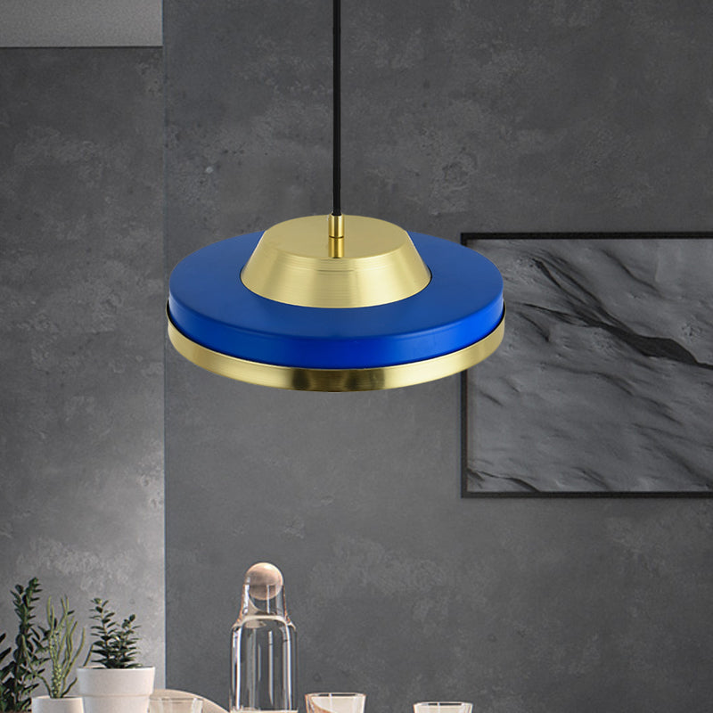 Flying Saucer Pendant Lighting Modernist Metal 1 Head Bedroom LED Ceiling Hang Fixture in Blue and Brass Clearhalo 'Ceiling Lights' 'Modern Pendants' 'Modern' 'Pendant Lights' 'Pendants' Lighting' 730021