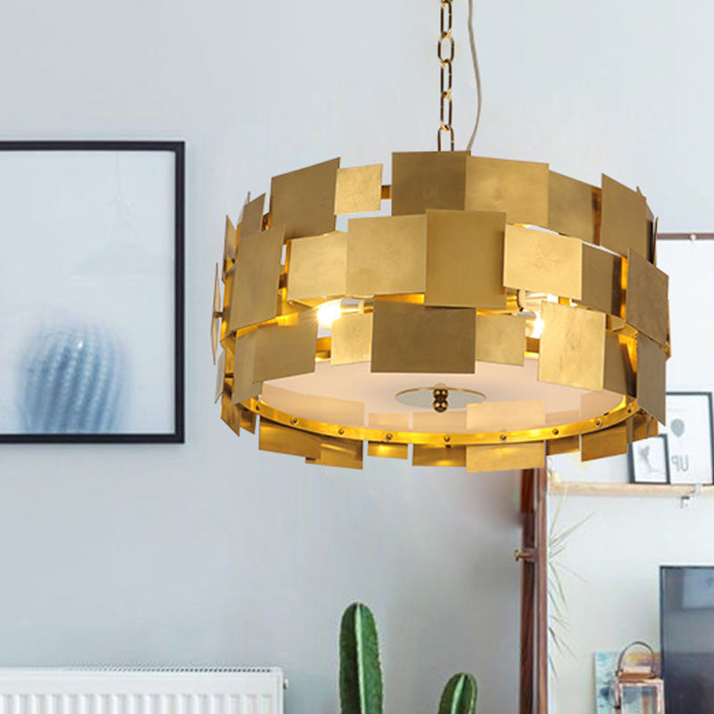 Gold Square Panel Hanging Light Kit Post Modern 6 Bulbs Metallic Drum Ceiling Chandelier Gold Clearhalo 'Ceiling Lights' 'Chandeliers' 'Modern Chandeliers' 'Modern' Lighting' 730035