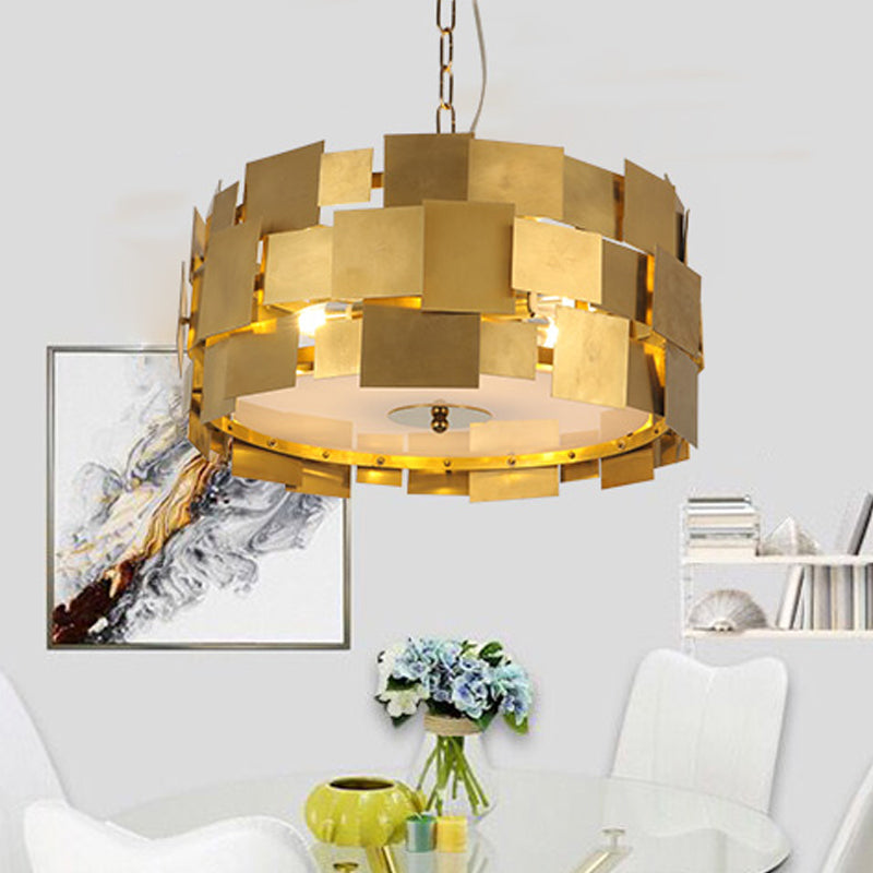 Gold Square Panel Hanging Light Kit Post Modern 6 Bulbs Metallic Drum Ceiling Chandelier Clearhalo 'Ceiling Lights' 'Chandeliers' 'Modern Chandeliers' 'Modern' Lighting' 730036