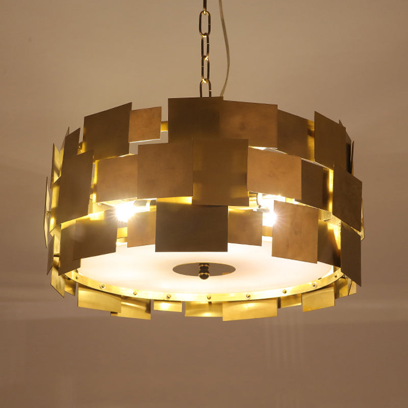 Gold Square Panel Hanging Light Kit Post Modern 6 Bulbs Metallic Drum Ceiling Chandelier Clearhalo 'Ceiling Lights' 'Chandeliers' 'Modern Chandeliers' 'Modern' Lighting' 730037