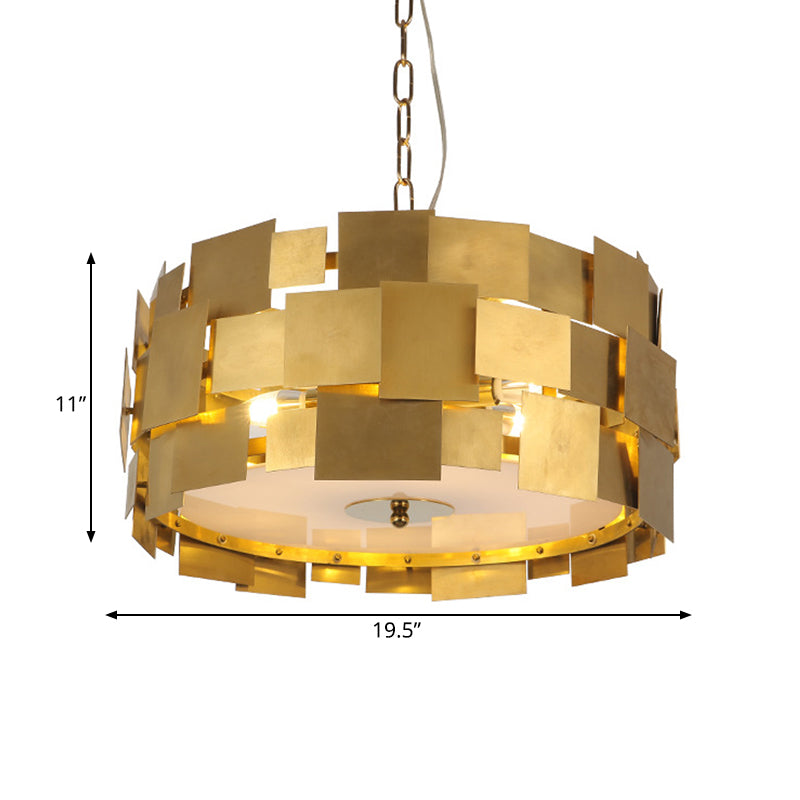 Gold Square Panel Hanging Light Kit Post Modern 6 Bulbs Metallic Drum Ceiling Chandelier Clearhalo 'Ceiling Lights' 'Chandeliers' 'Modern Chandeliers' 'Modern' Lighting' 730039