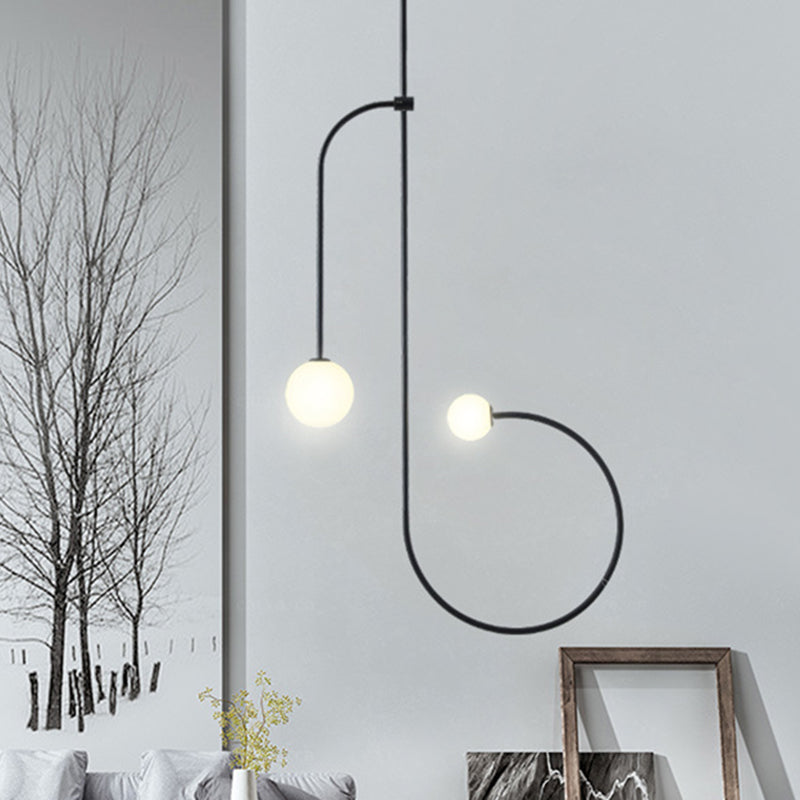 Frosted Opal Glass Modo Hanging Light Kit Simple 2 Bulbs Black Finish LED Pendant Chandelier with Curved Arm Black Clearhalo 'Ceiling Lights' 'Chandeliers' 'Close To Ceiling Lights' 'Glass shade' 'Glass' 'Modern Chandeliers' 'Modern' Lighting' 730070