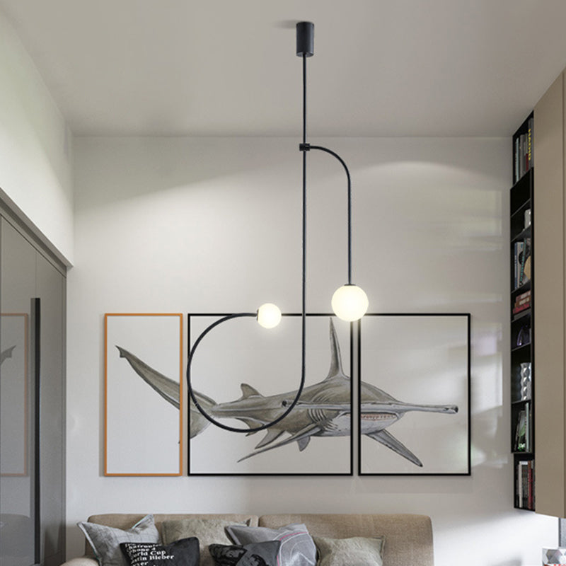 Frosted Opal Glass Modo Hanging Light Kit Simple 2 Bulbs Black Finish LED Pendant Chandelier with Curved Arm Clearhalo 'Ceiling Lights' 'Chandeliers' 'Close To Ceiling Lights' 'Glass shade' 'Glass' 'Modern Chandeliers' 'Modern' Lighting' 730071