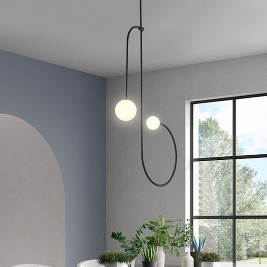 Frosted Opal Glass Modo Hanging Light Kit Simple 2 Bulbs Black Finish LED Pendant Chandelier with Curved Arm Clearhalo 'Ceiling Lights' 'Chandeliers' 'Close To Ceiling Lights' 'Glass shade' 'Glass' 'Modern Chandeliers' 'Modern' Lighting' 730072